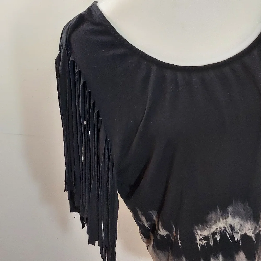 WetSeal Women's Black Tie Dye Bleached Shirt with Fun Fringe Cut Sleeves - Picture 14 of 15